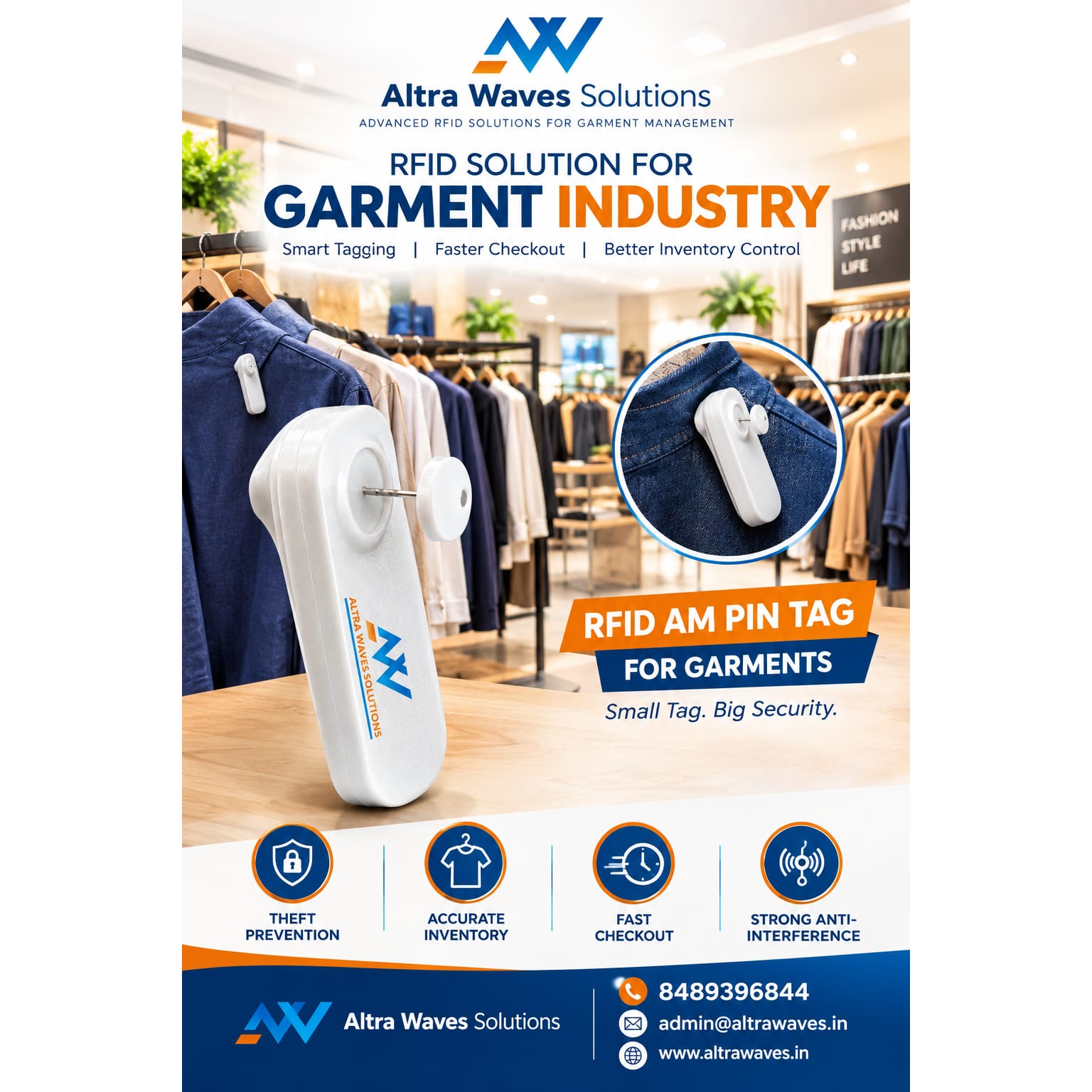 RFID AM pin tag attached to garment for inventory tracking and retail security